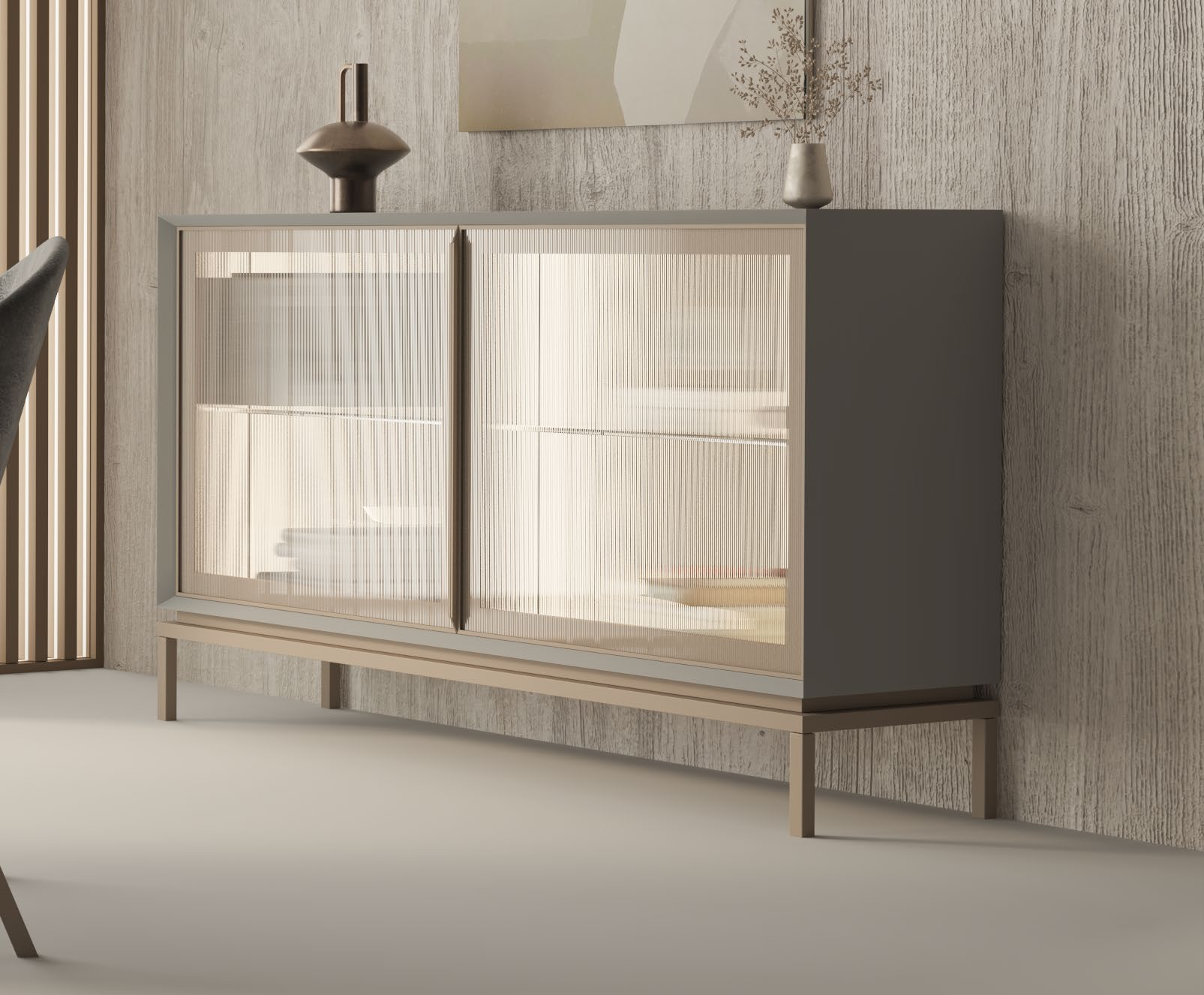 Aparador moderno con puertas de cristal texturizado y estructura elevada