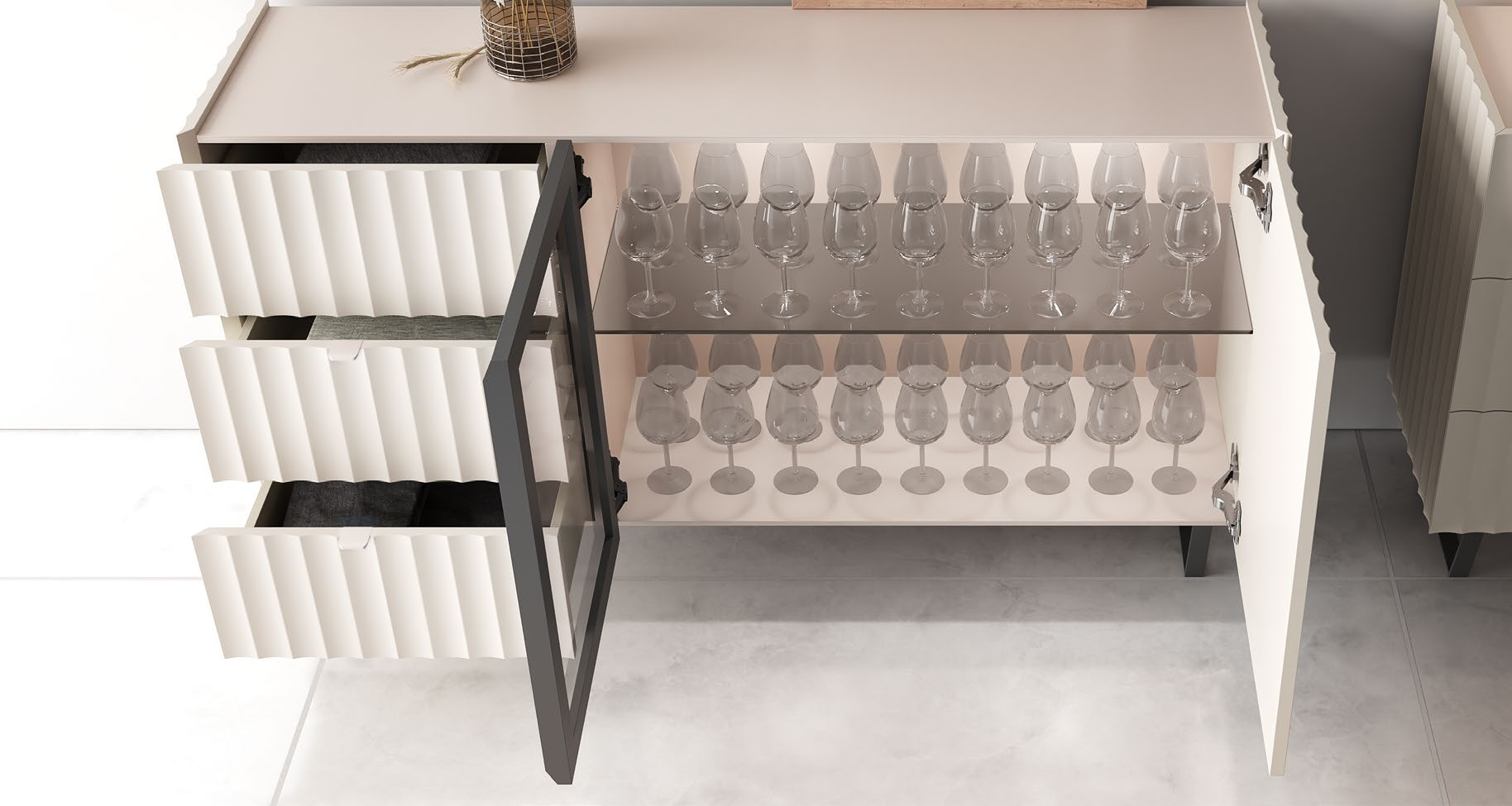 Aparador moderno con vitrina y frontal acanalado