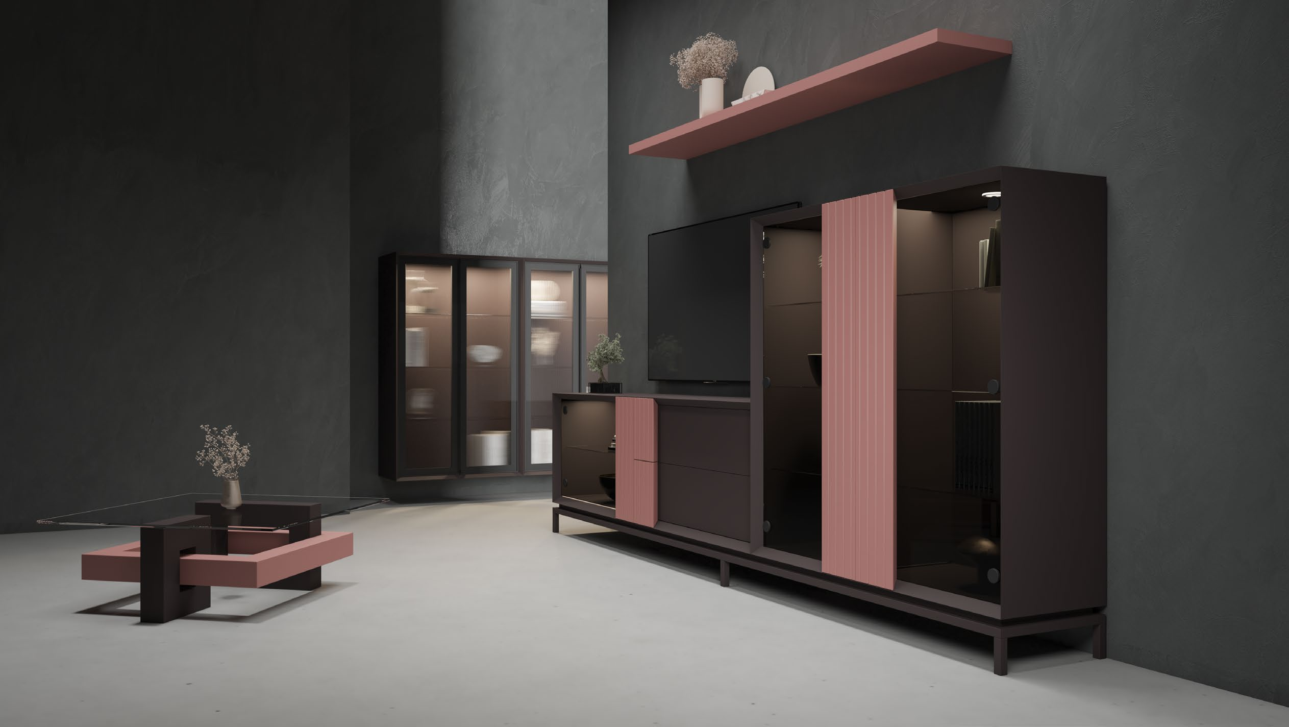 Mueble TV de dos piezas con diseño contemporáneo y contraste en color