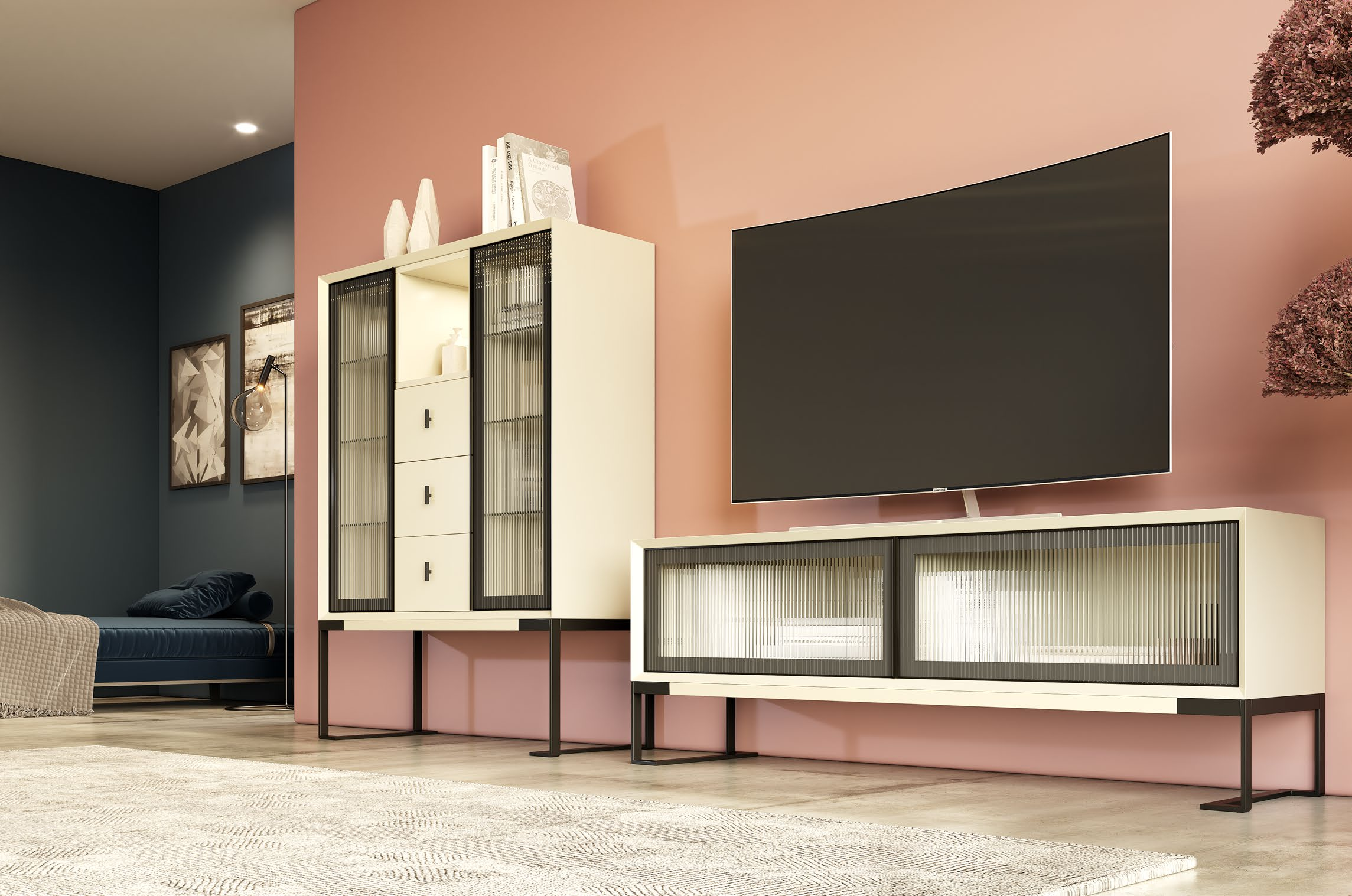Mueble de TV con vitrinas y cajonera central