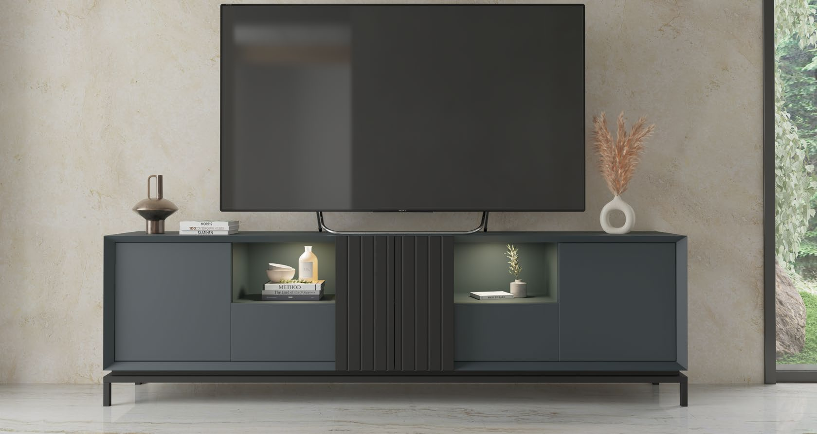 Mueble TV moderno con iluminación LED y diseño acanalado