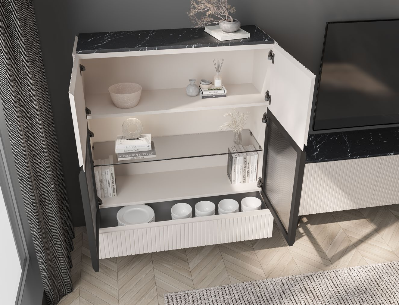 Vajillero moderno con puertas acanaladas y sobre efecto mármol
