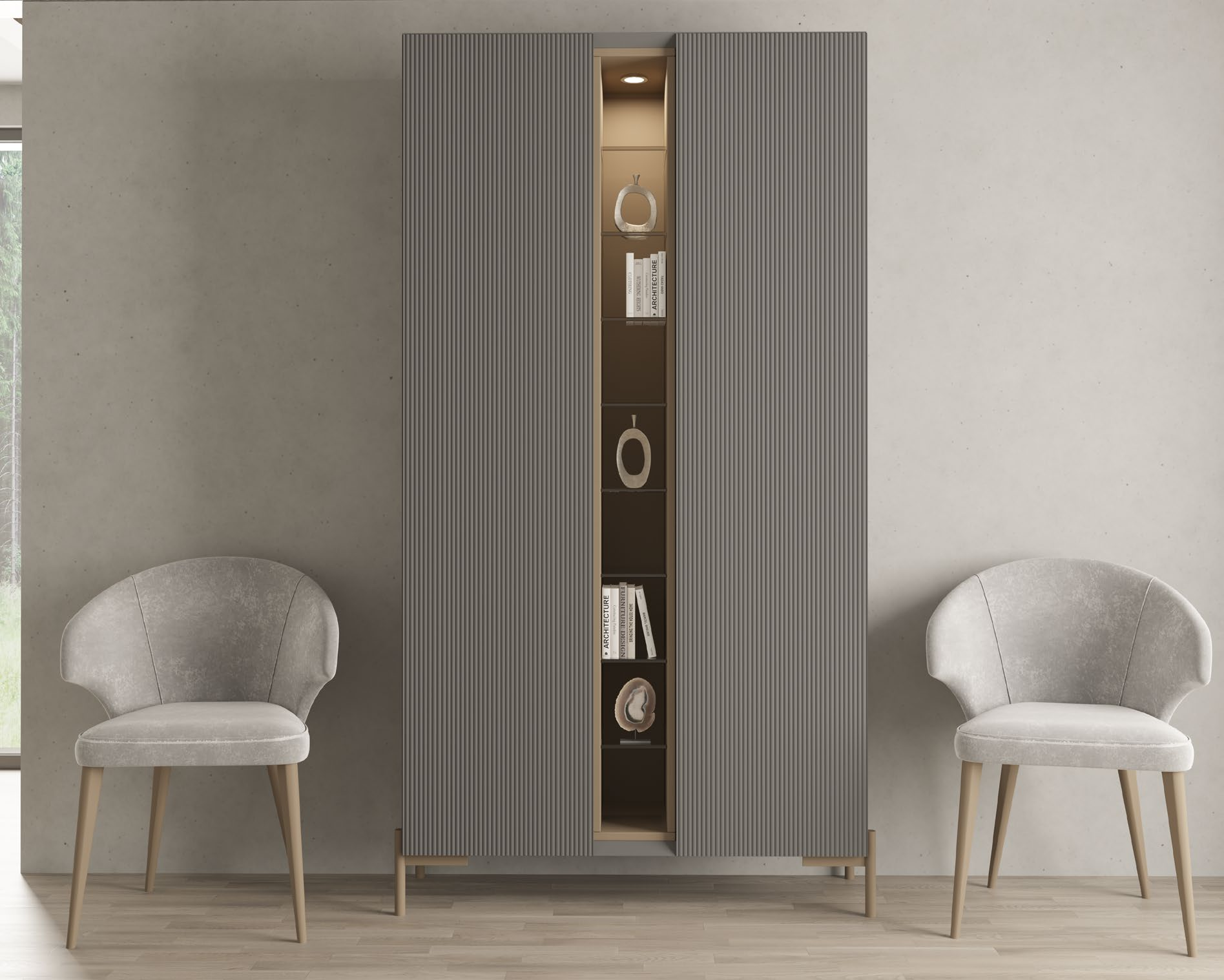 Vitrina moderna con iluminación LED y diseño acanalado