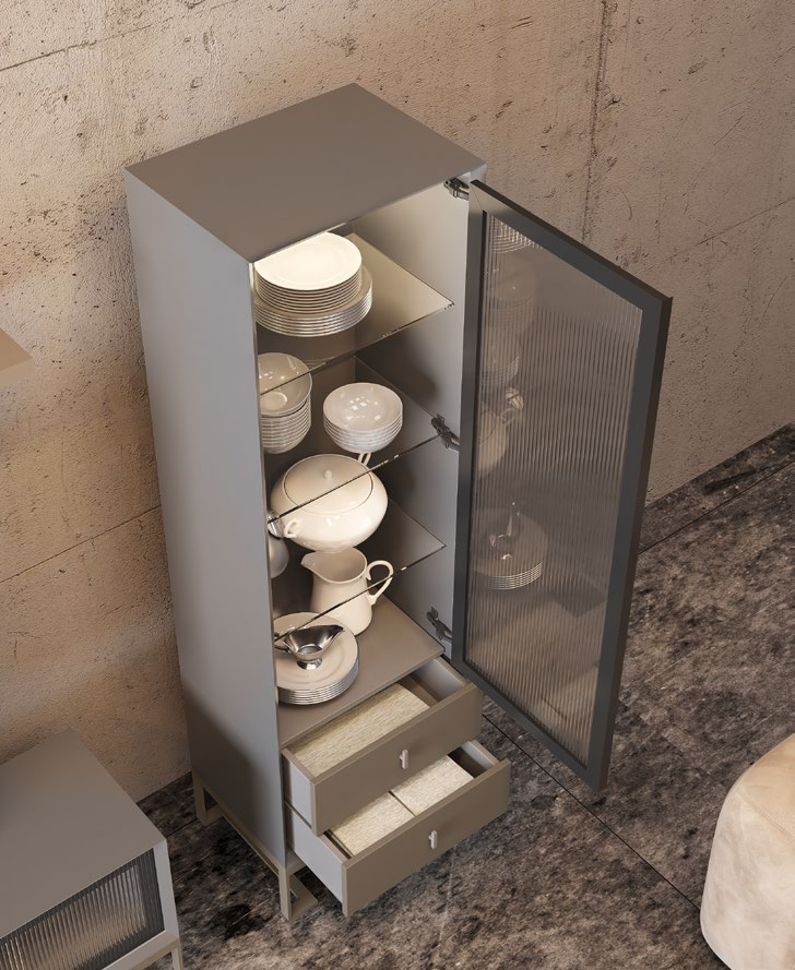 Vitrina moderna con puerta de cristal rayado