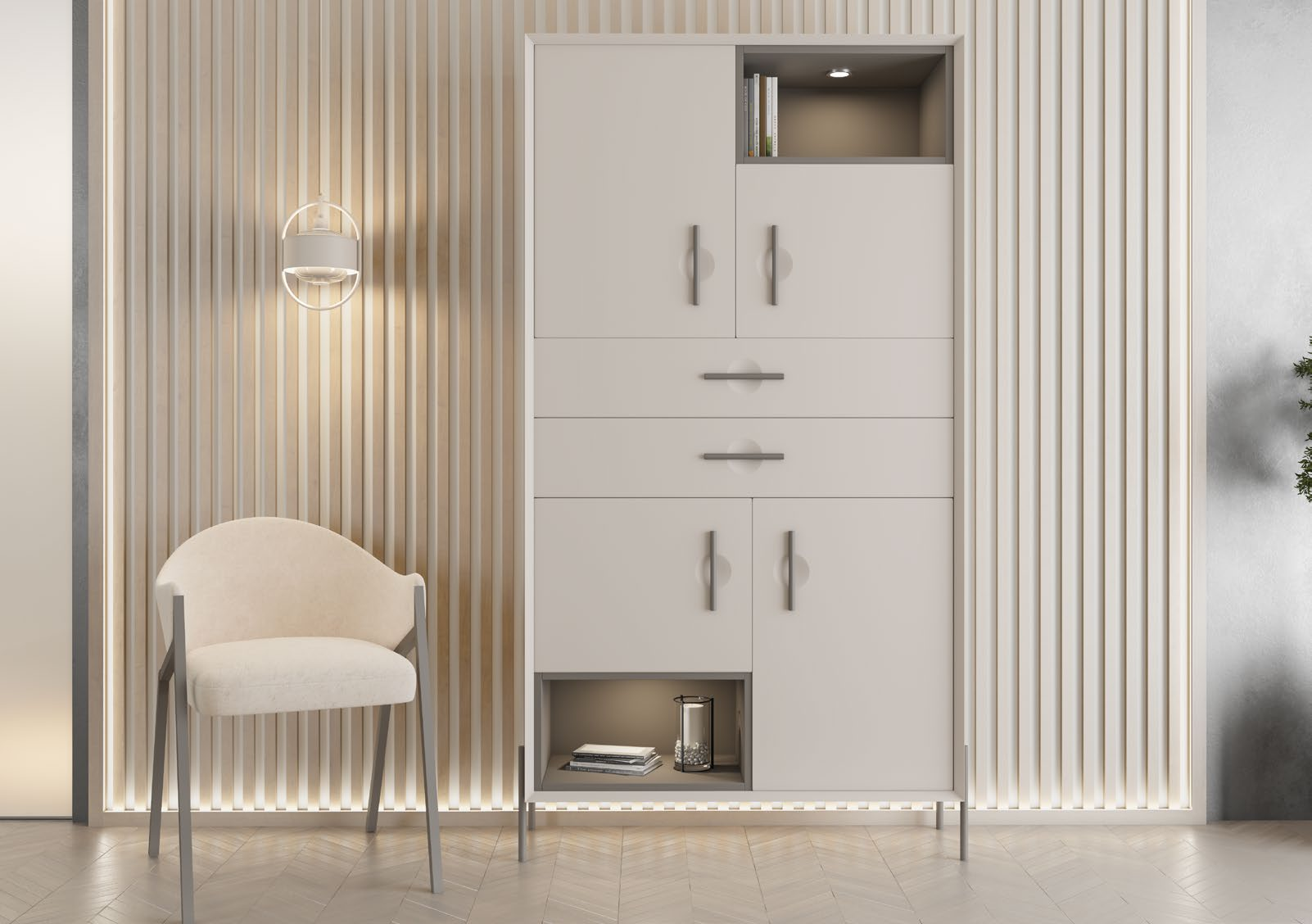 Vitrina moderna con puertas, cajones y nicho decorativo iluminado