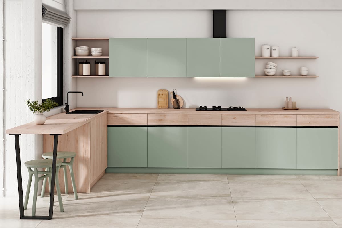 Cocina Moderna en Verde Salvia y Roble Natural